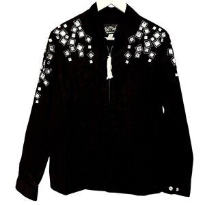 Bob Mackie Wearable Art NEW Rhinestone Studded Black Denim Zip Jacket Women's L